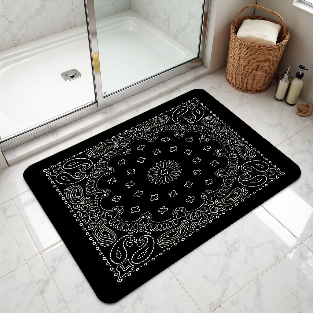TEMU 1pc Flannel Material, Flannel Rectangular Door Mat + 10mm Thickness + /㎡ + Black And White Paisley + Flannel Rug, Suitable For Bedroom, Living