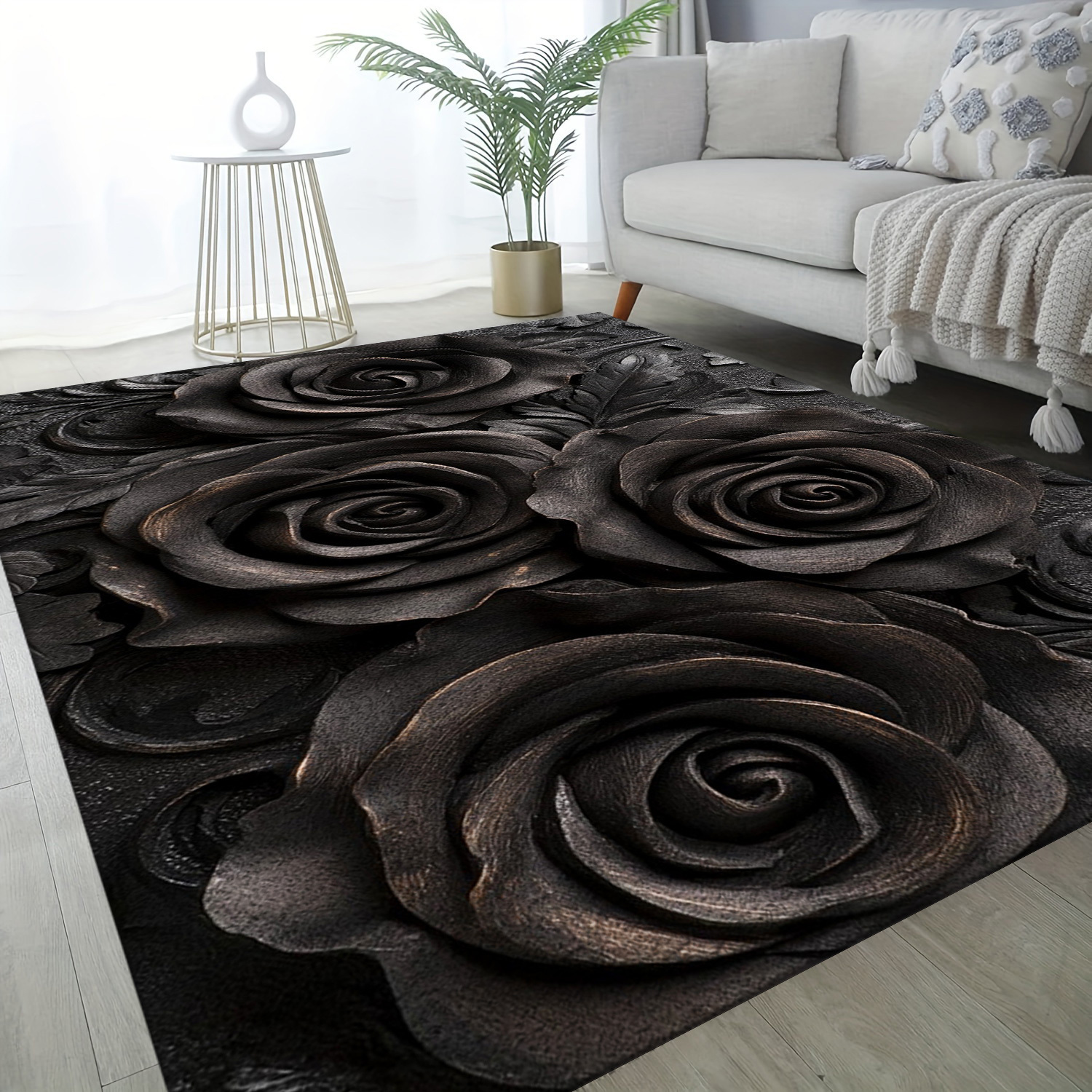 TEMU 1pc Luxury Large Area Mat For Living Room And Bedroom, Three-dimensional Black Rose Pattern, Machine Washable, Non-slip Backing, Lightweight And