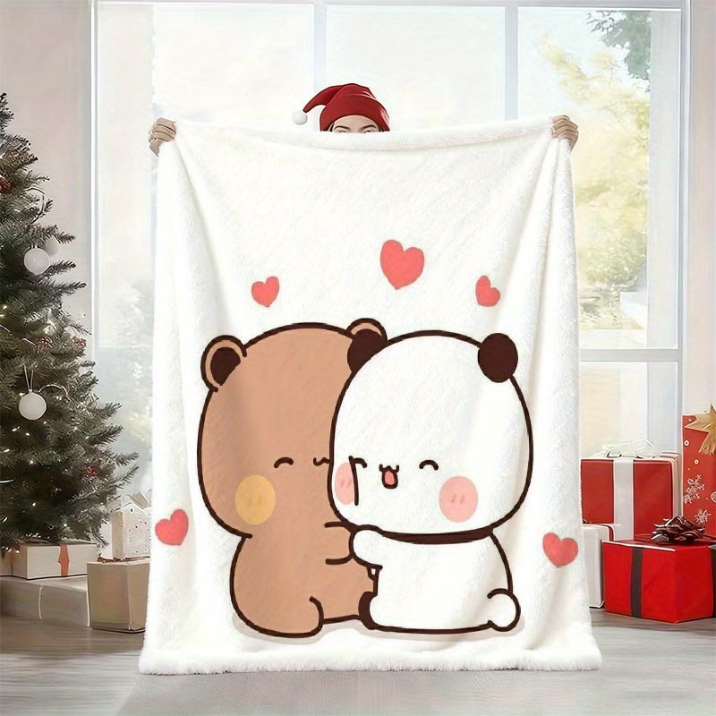 TEMU And Dudu Love Print Flannel Blanket - Ultra Soft Flannel Blanket For Bed And Sofa, Use, Design, Pattern, 100% Polyester, Machine Washable,