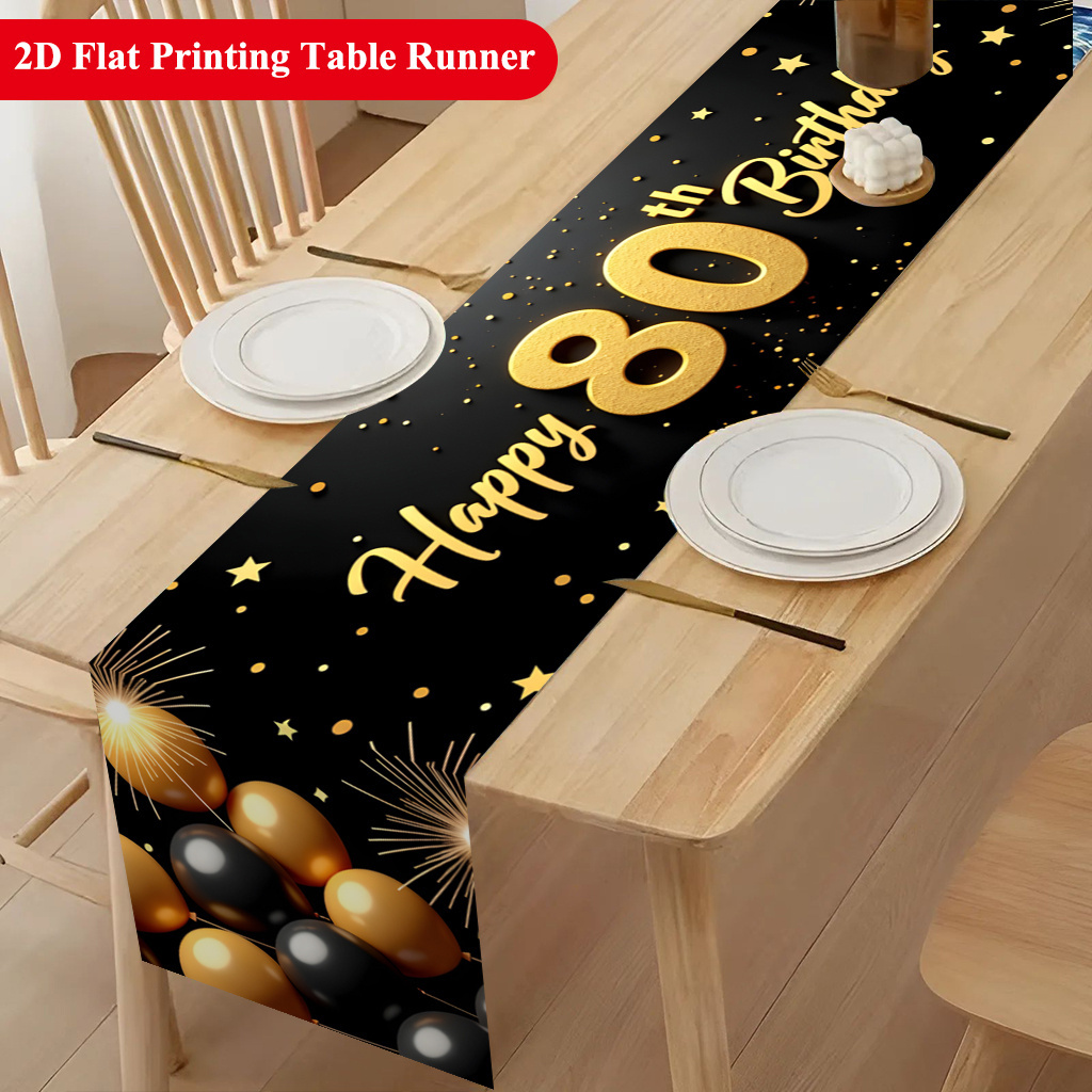 TEMU 2d Runner 1pc, 80th Birthday Happy Polyester Table Runner, Rectangular, Suitable For Dining Tables, Coffee Tables, Home Party Decoration, Family