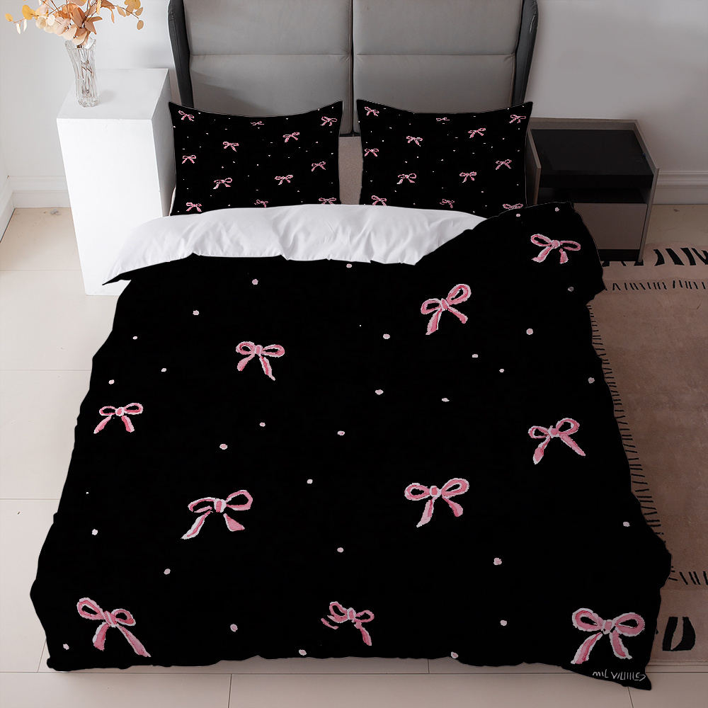 TEMU 3pcs Pink Bows Background With Dotsbedding Set (1*duvet Cover   2*pillowcase, Without Core) hd Printing The Fabric Is Soft, Comfortable And