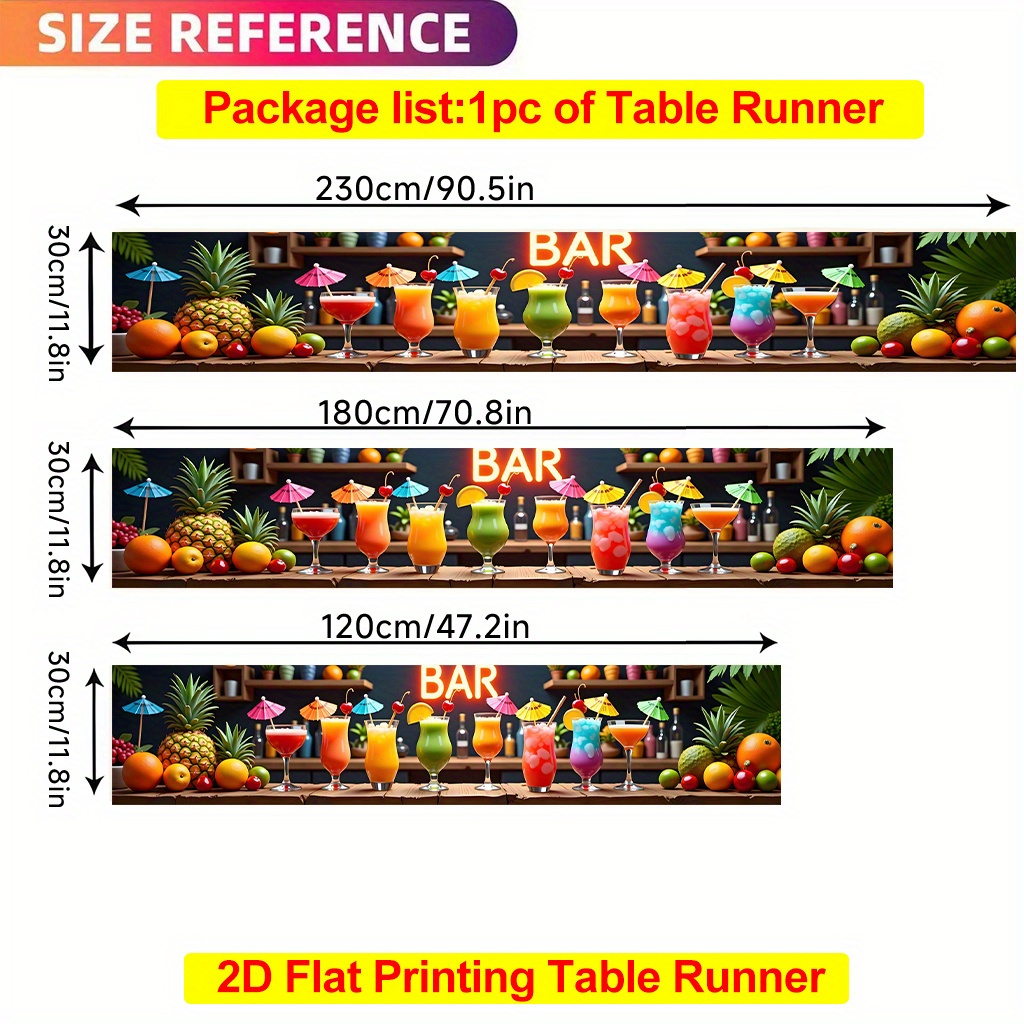 TEMU 2d Flat Printing Table Runner 1pc, Colorful Cocktails Display Polyester Table Runner, Rectangular, For Dining Table, Coffee Table, Home Decor,