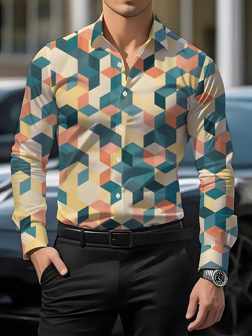 heren shirt met lange mouwen en geometrische prints, met een 3d . dit kleurrijke geometrische shirt is zacht, comfortabel en huidvriendelijk, perfect voor lagenstijl in de lente en herfst.