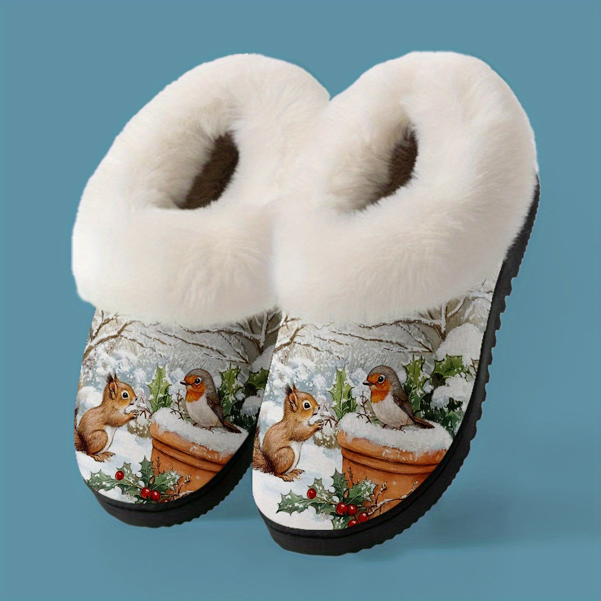 TEMU 1 Paire de Chaussettes Douillettes d'Hiver à Imprimé Écureuil et Oiseau - Unisexe avec Semelle Chaude et Douce, Idéal pour Cadeaux de Fête ou