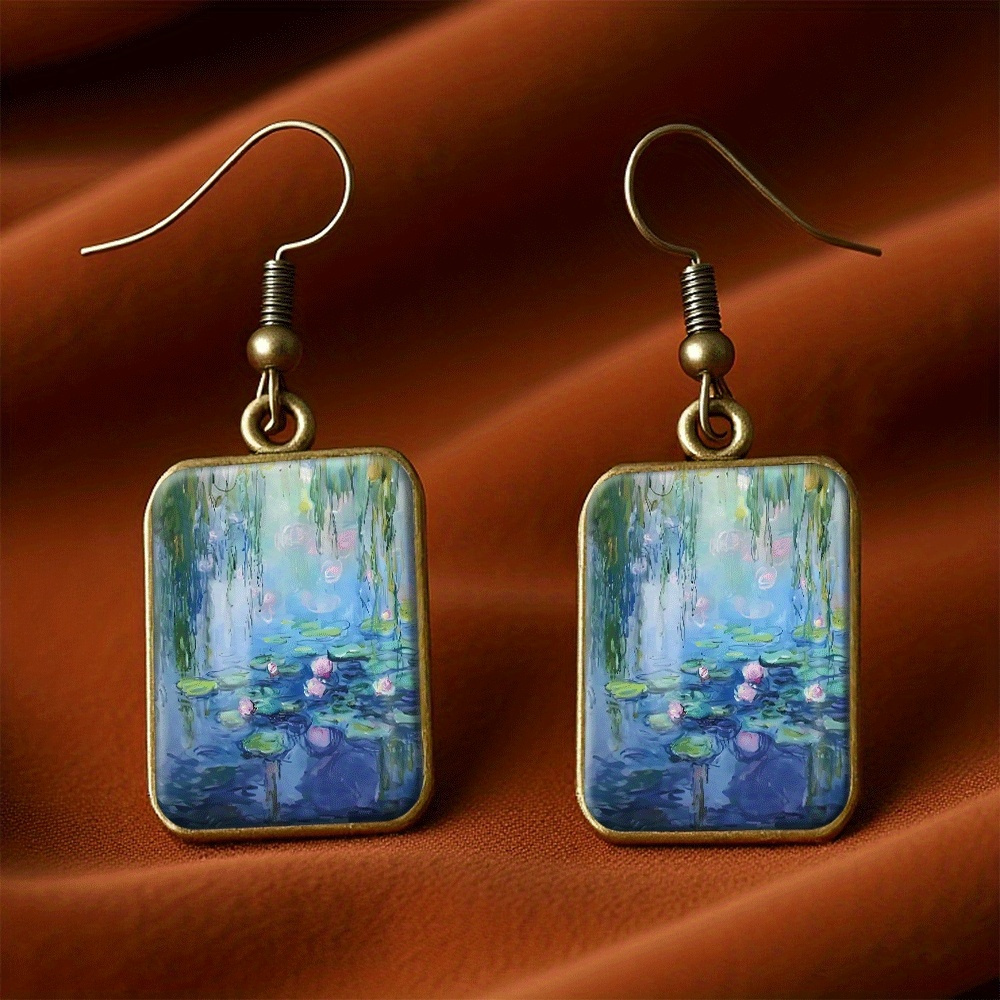 TEMU Pair Of Handmade Water Earrings & Pendant - -inspired Square Dangle Jewelry, Green/blue/pink/ Tones, Vintage French Artist Style Gift For,
