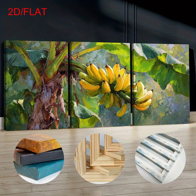 item picture 2d flat 3pcs banana plant wall art wooden framed oil painting palm tree banana bunch posters green decor for living room bedroom office horizontal hanging suitable for home decor gift