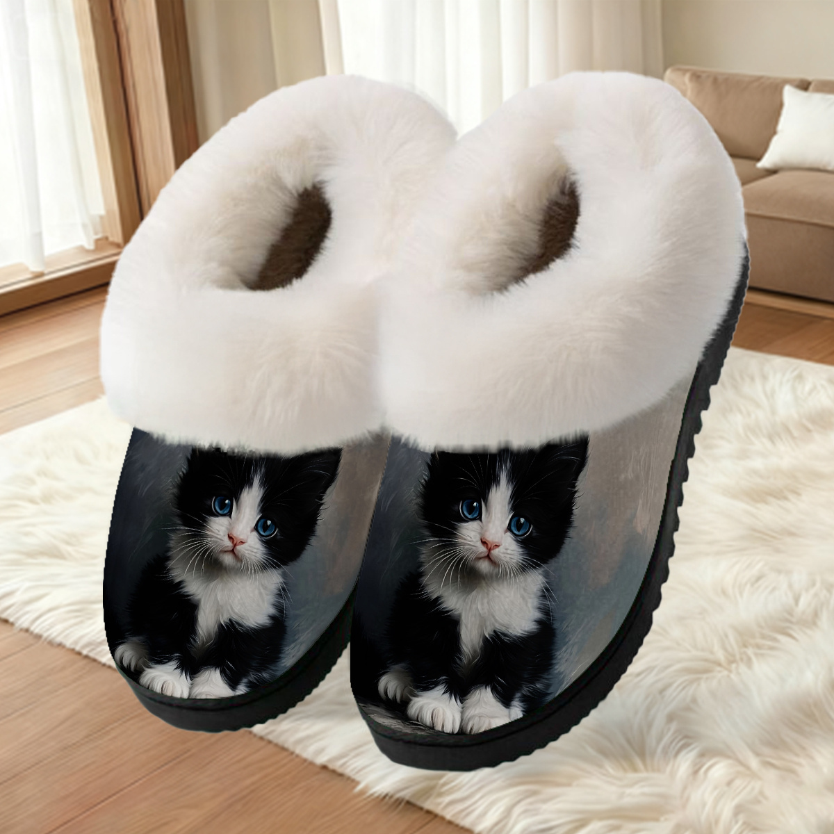 TEMU Of Slippers Featuring An Adorable Kitten Design, Adults. Cozy Slip-on Slippers Are Made From Soft Fabric, Providing Warmth For Home Use. Have A