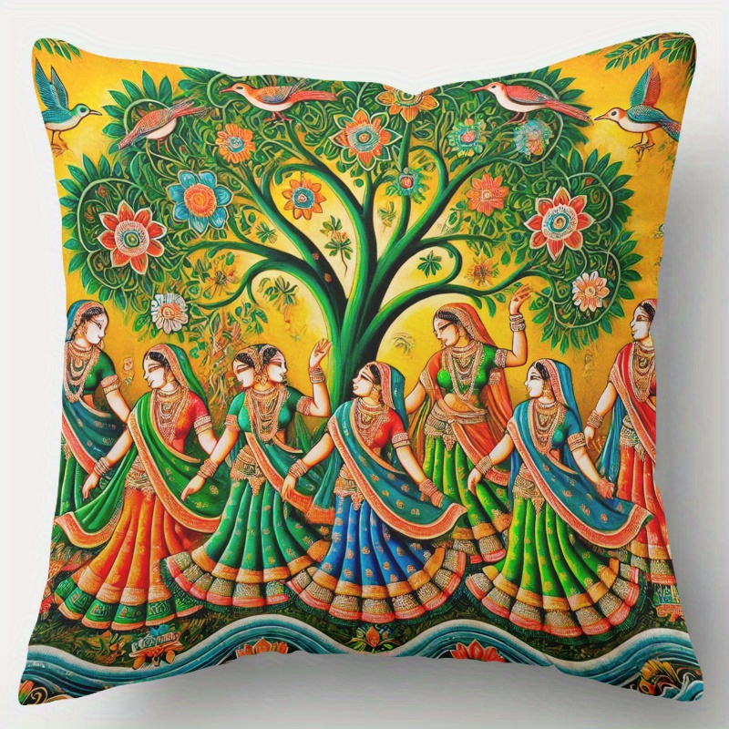 TEMU Pillowcase 1pc, Indian Traditional Dance, Printed Holiday Theme Cushion Cover With Hidden Zipper, Suitable For Sofa, Living Room, Office, Home