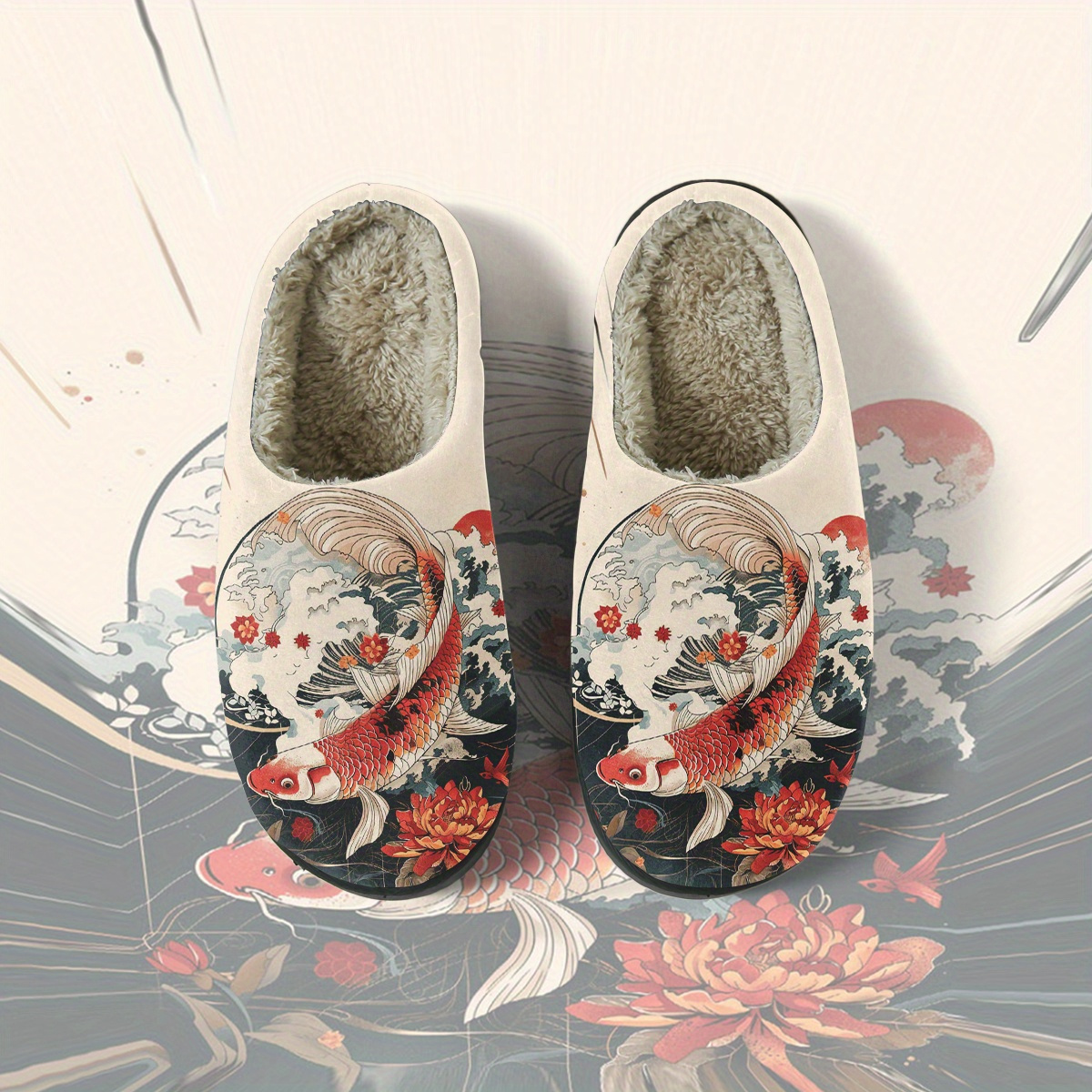 TEMU A Pair Of Unisex Winter Slippers Featuring Thick Plush Material, Designed With Koi Fish In Wave Patterns. Suitable For Indoor And Outdoor Use,