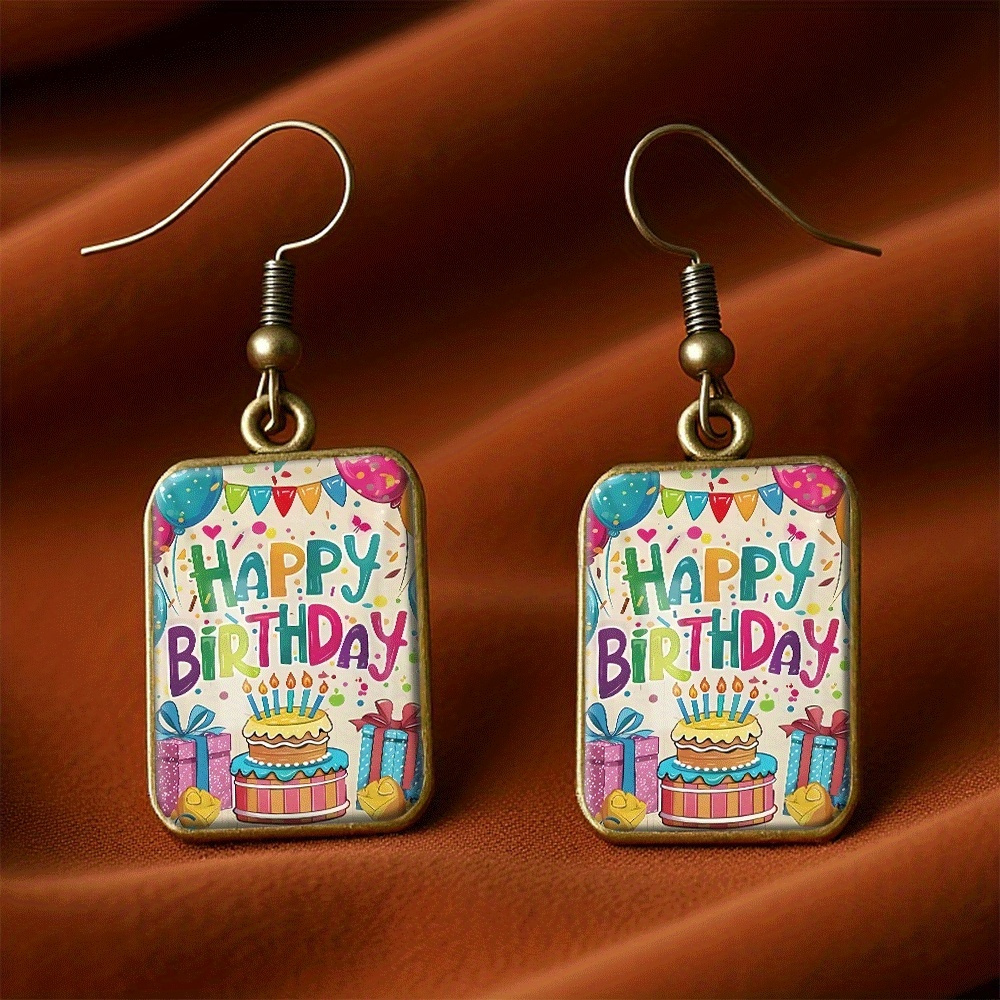 TEMU 1 Pair Handmade Jewelry - Square Earrings & Pendant With Cake & Balloon, Color Multicolor Handmade Dangle Earrings For, Birthday Gift Suitable