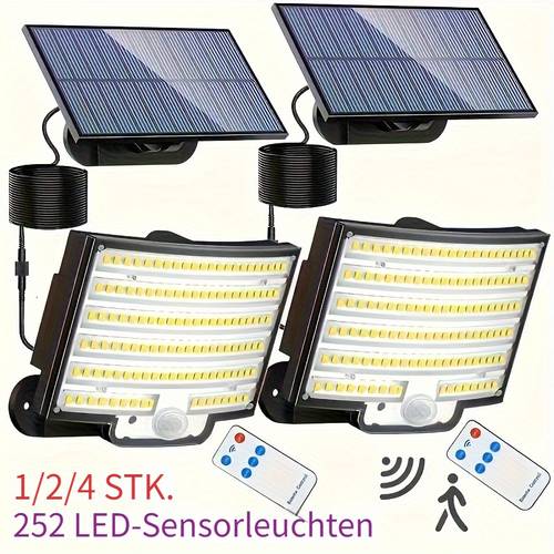 1/2/4 stück 252led solarleuchten für den außenbereich, verbesserte split sensor leuchte für den außenbereich mit solar-fernbedienung, solar-sicherheitsleuchten für den garten, garage, terrasse, veranda und gartenbeleuchtung, solar sensor leuchte für den außenbereich, solarleuchten für den außenbereich, gartenbeleuchtung