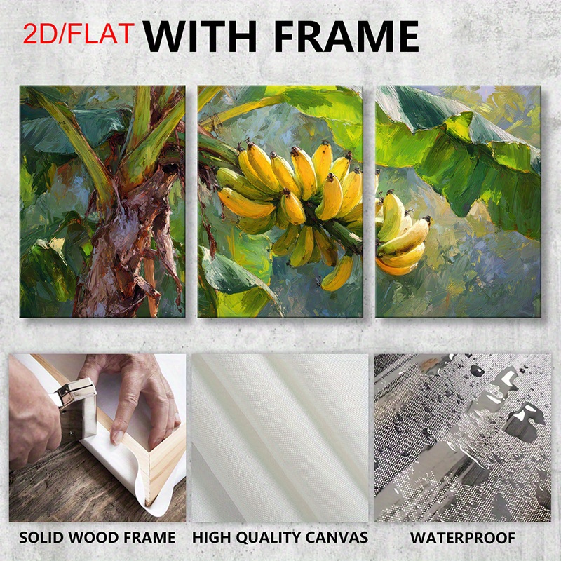 2d flat 3pcs banana plant wall art wooden framed oil painting palm tree banana bunch posters green decor for living room bedroom office horizontal hanging suitable for home decor gift