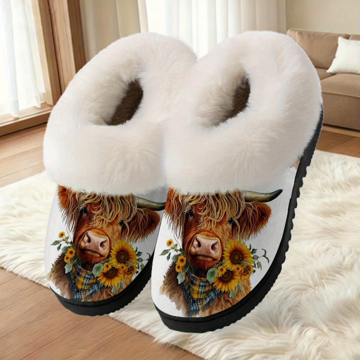 TEMU 1-pair Highland Cow & Sunflower Slippers - Soft Warm Slip-on With Tpr Sole, Scottish Cow & Sunflower, Cozy /outdoor Slippers Suitable For Home,