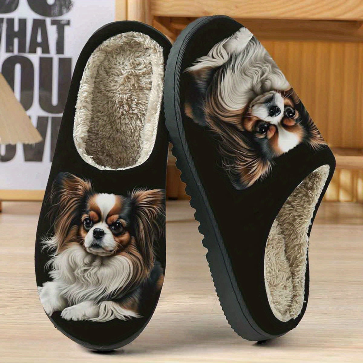 TEMU 1-pair Adorable Papillon Dog Slippers - Cozy Slip-on Warm With Tpr Sole & Soft Fabric Upper, For Bed, - Cute Papillon For Home, Women Shoes