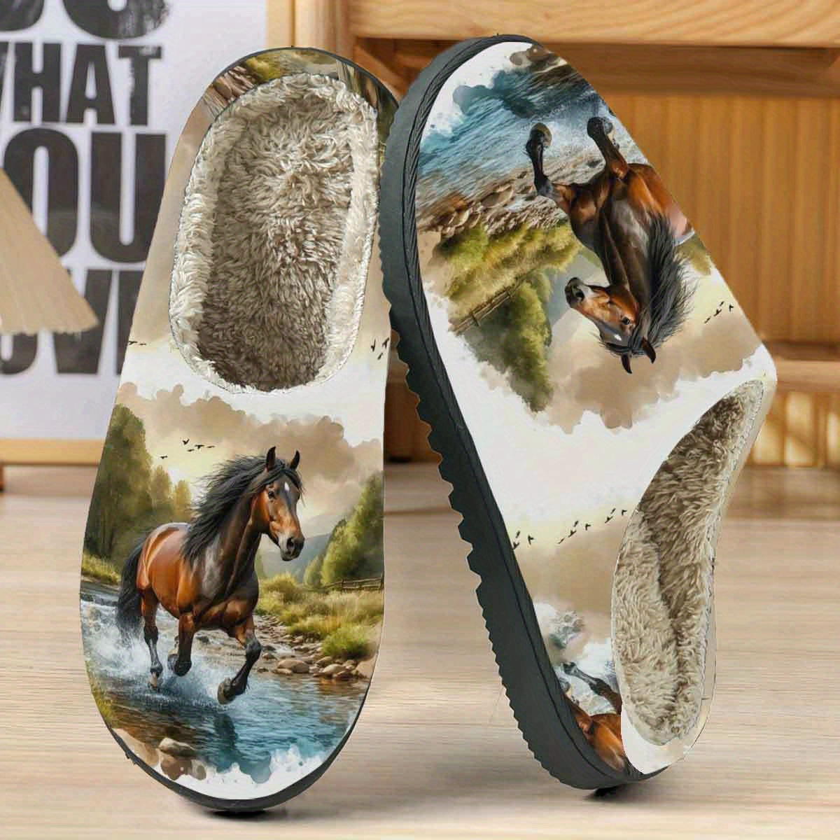 TEMU Slippers 1pair, Horse - Inspired Stylish Slippers For Adults Cozy Slip-on Slippers - Soft Fabric, Warm Slippers For Home, Tpr Sole, , Home