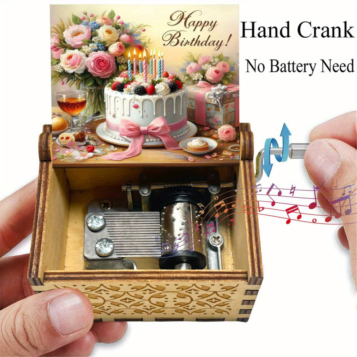 TEMU 1pc Romantic Happy Birthday Themed Music Box, Cake And Flower Print Lid, Gentle Melody Plays With Rotation, Birthday Commemorative Ornament,
