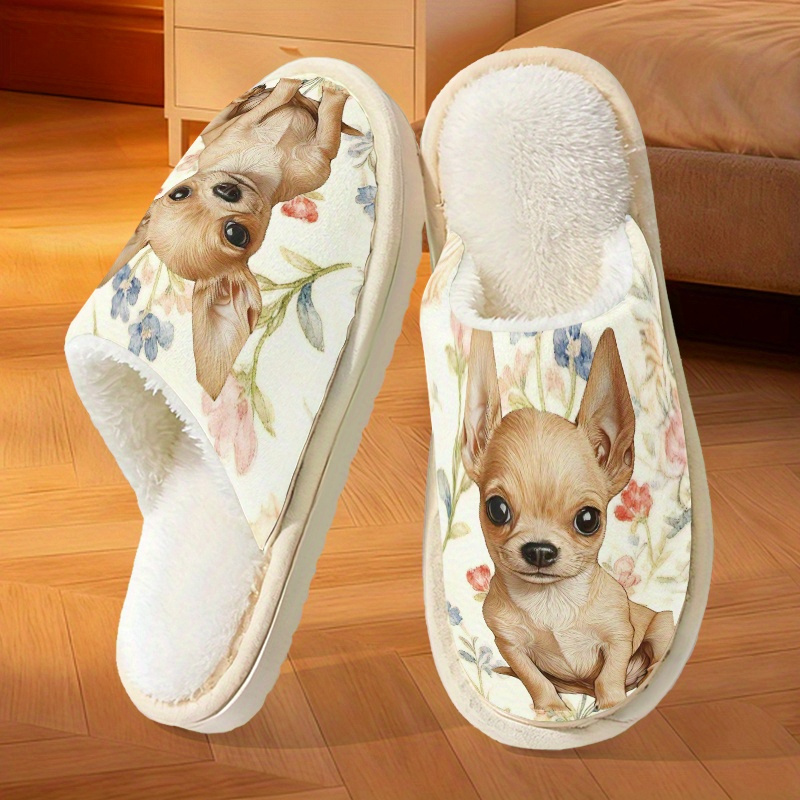 TEMU Chihuahua Floral Print Slippers, Comfortable Plush Slippers, Unisex Style, Suitable For Indoor/outdoor Wear, Ideal As A Birthday Gift For Or ,