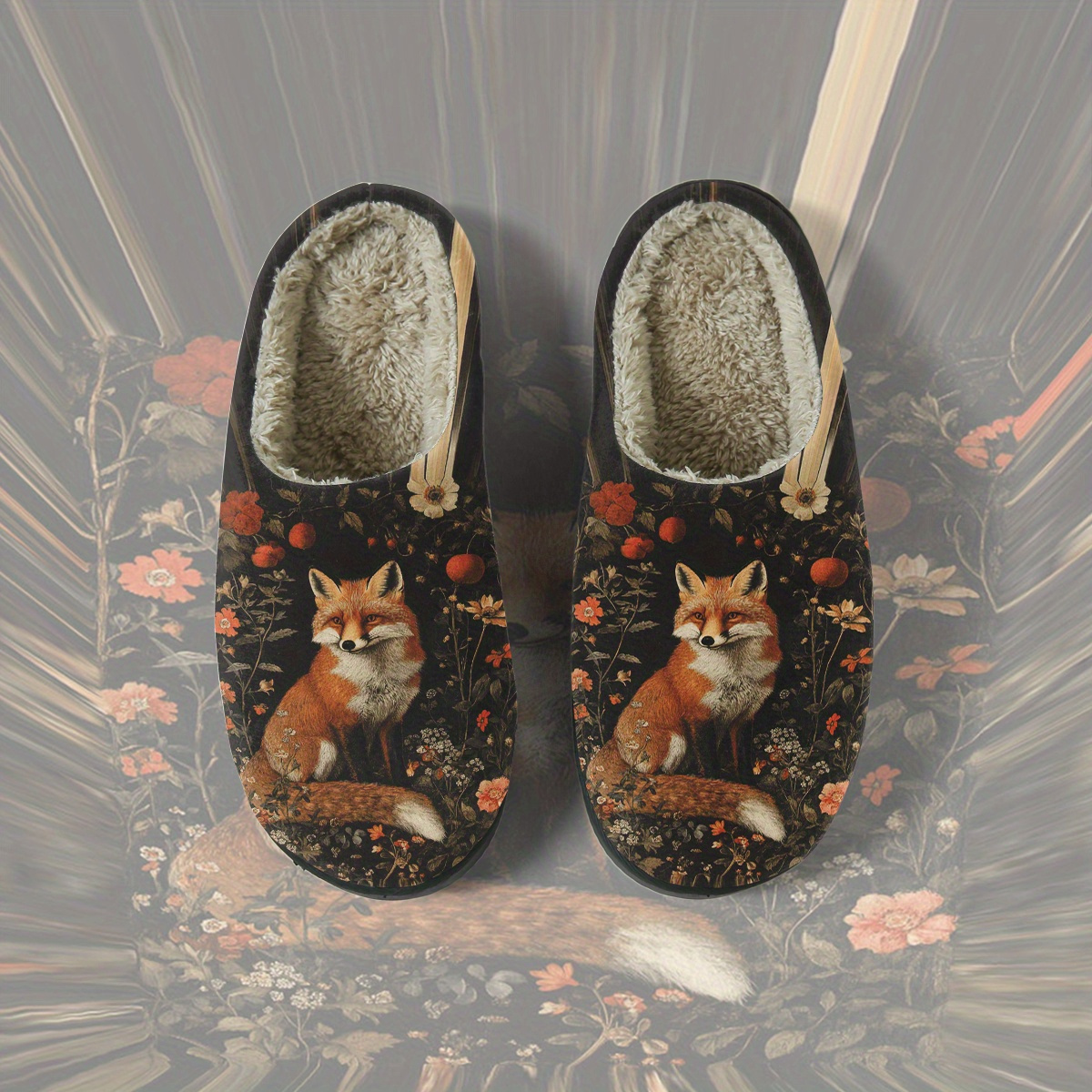TEMU A Pair Of Unisex Winter Slippers Featuring A Thick Plush Design With An Fox In A Floral Frame Print, Suitable For Indoor And Outdoor Use. Warm