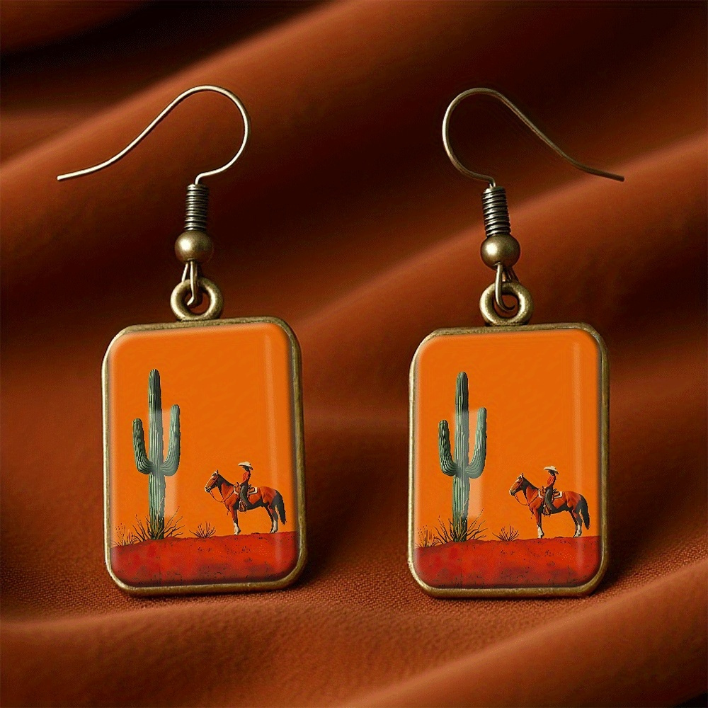 TEMU A Set Of Vintage Square Earrings Featuring Cowboy , Handcrafted Jewelry Perfect For Gifting To For