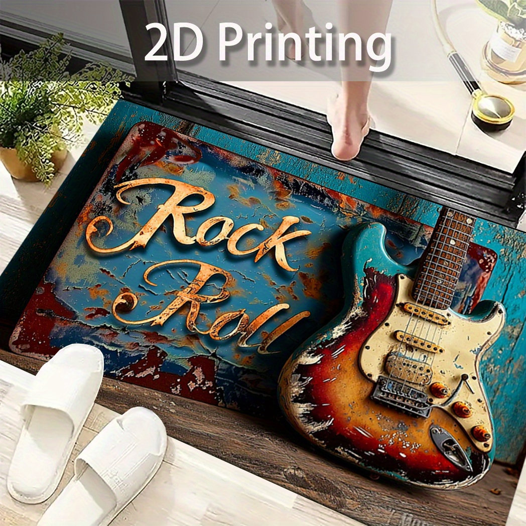 TEMU 2d Printing Electric Guitar Pattern Rock Roll Carpet, Non-holiday Decoration, Anti-slip Doormat Suitable For Entryway And Hallway, Universal For
