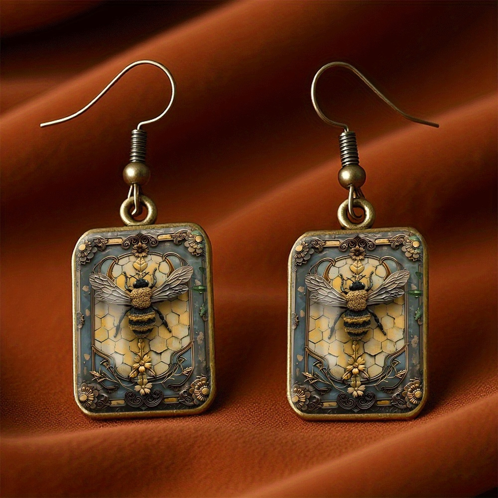 TEMU 1 Pair Of Vintage Honeycomb Bee Decorative Painting Square Earrings Pendant Handmade Jewelry Gift For , For Teenager