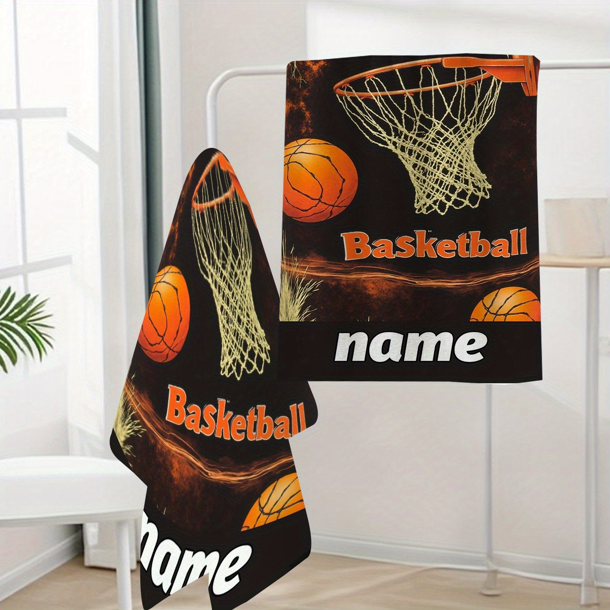 TEMU 1pc, Custom Name, Cartoon Basketball Pattern Towel, Striped Design, Bathroom Towel, Quick-drying Absorbent Towel, Nordic Minimalist Style Towel,