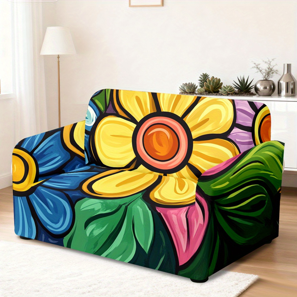 TEMU 1pc Comfortable & Style Colorful Floral Sofa Cover - Elastic Fabric Fits The Sofa Tightly; Shoulder Strap Secures ; Machine Washable; Fits