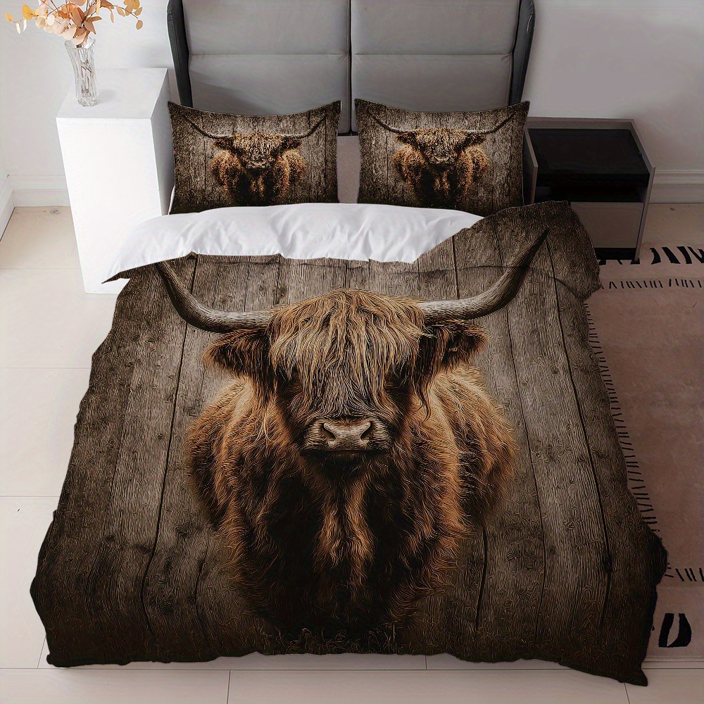 TEMU Set van 3 stuks met een Highland koeien ontwerp op een houten bruine achtergrond, inclusief 1 dekbedovertrek en 2 kussenslopen (zonder vulling).