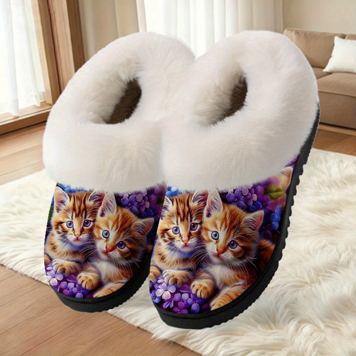 TEMU Of Slippers Featuring An Adorable Kitten And , Suitable For Anyone. Comfortable Slip-on Slippers Are Made Of Soft Velvet, Keeping Warm At Home.
