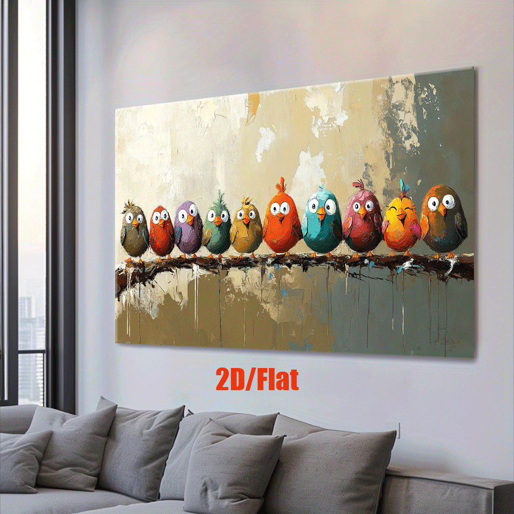 TEMU 2d Flat, 2d Flat, 2d Flat Two-dimensional, Single Piece, Borderless Canvas Artwork Featuring A Flock Of Birds Perched On A Branch, Suitable For