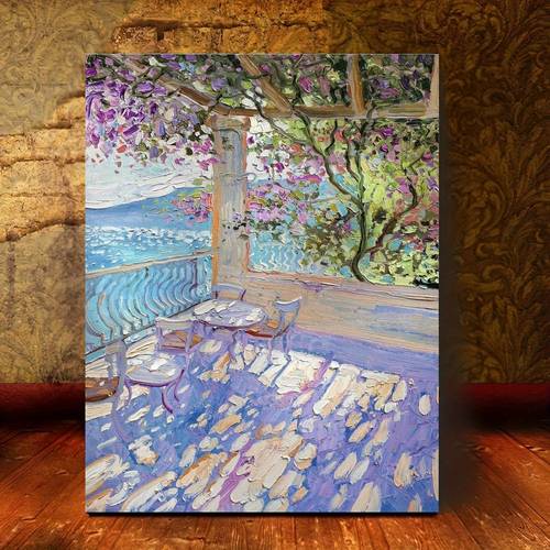 Artikelbild professionelle kunstnutzung: rahmenloses digitales ölgemälde-set mit romantischer meereslandschaft-terrassenszene mit blühenden blumen, tischen stühlen. das produkt enthält eine leinwand, acrylfarben pinsel. einfach zu lernen zu malen, für wanddekor-kunst im wohnbereich. eine