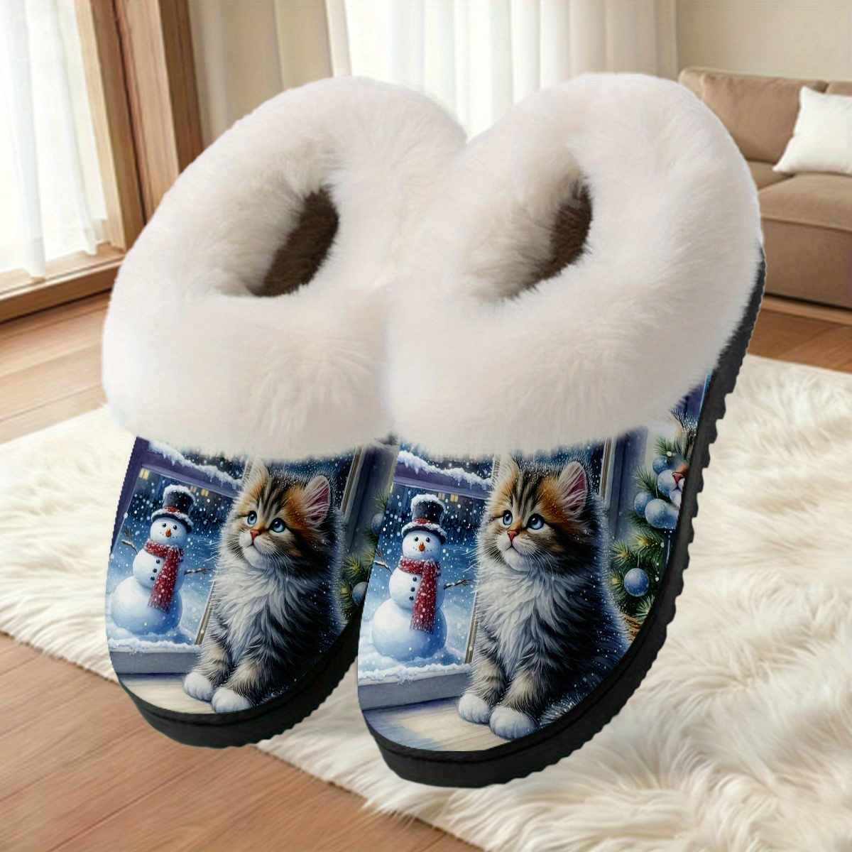 TEMU Of Slippers Featuring A Snowy Kitten Design, Perfect For Winter. Unisex Cozy Slip-on Slippers Are Made Of Warm Velvet, Ideal For Home Use. For