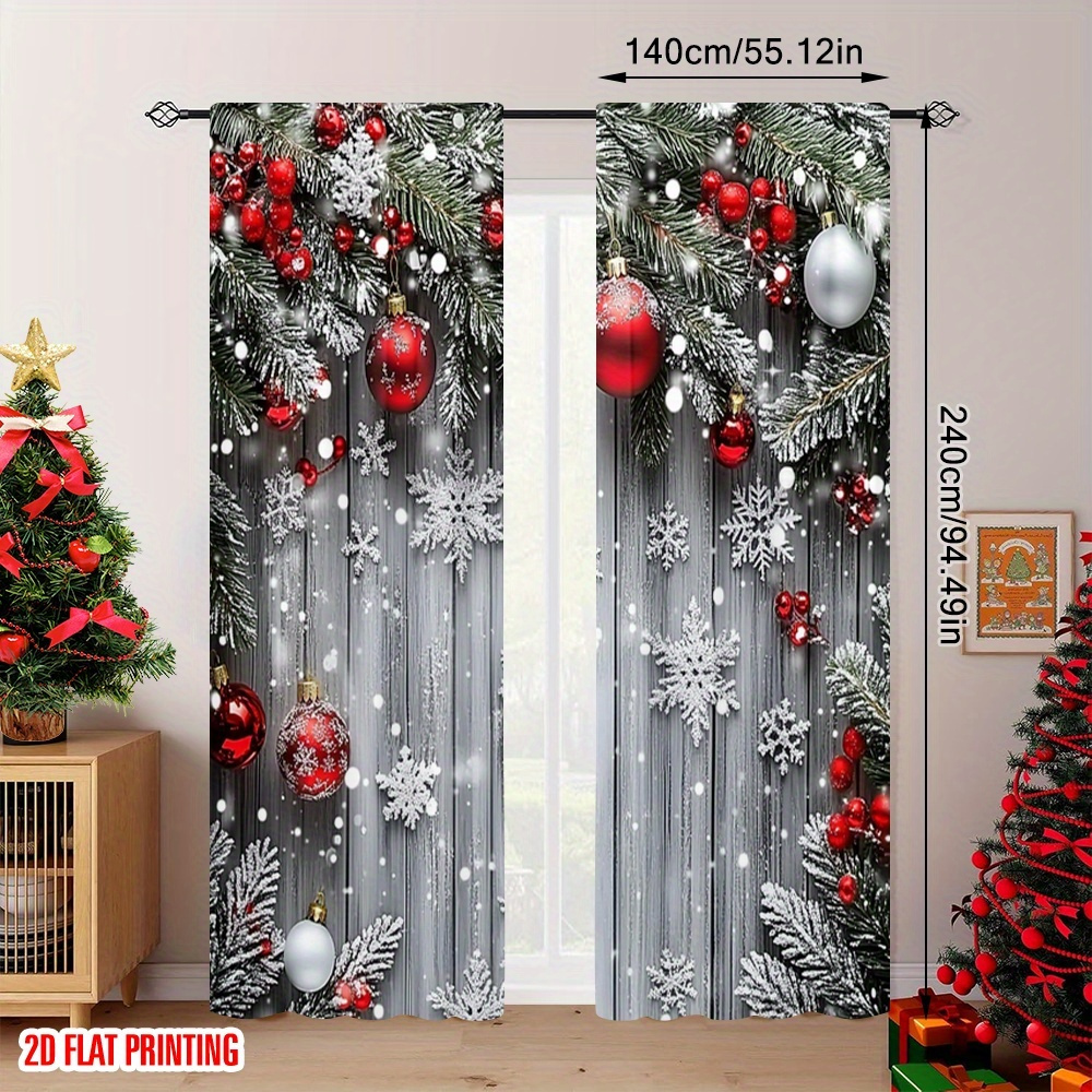 TEMU 2d Flat - 2d Flat - Set Of 2 Christmas Window Curtains Featuring Snowflakes, Red Ornaments, And Green Foliage. Made From Durable 100% Polyester