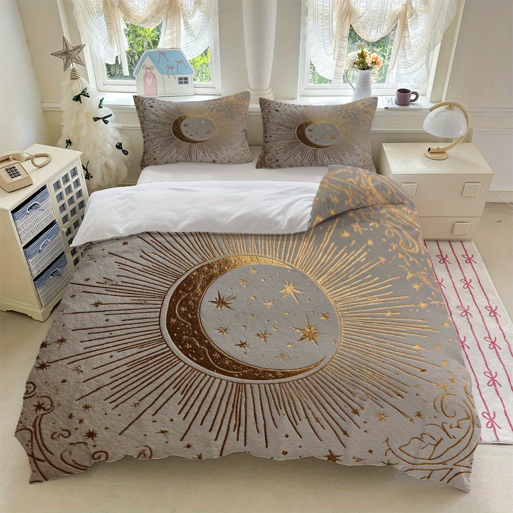 TEMU 3pcs Moon, Stars, On Light - Gray Backgroundbedding Set (1*duvet Cover   2*pillowcase, Without Core) hd Printing The Fabric Is Soft, Comfortable