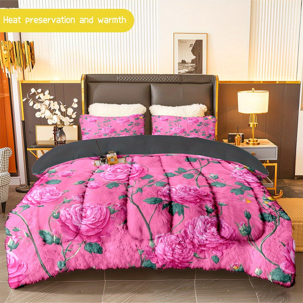 TEMU 3pcs (1 Comforter + 2 Pillowcases) Pink Rose Pattern Flannel & Milk Velvet Comforter Set, Soft Warm Cozy Bedding Set For Adults, Trendy Milk