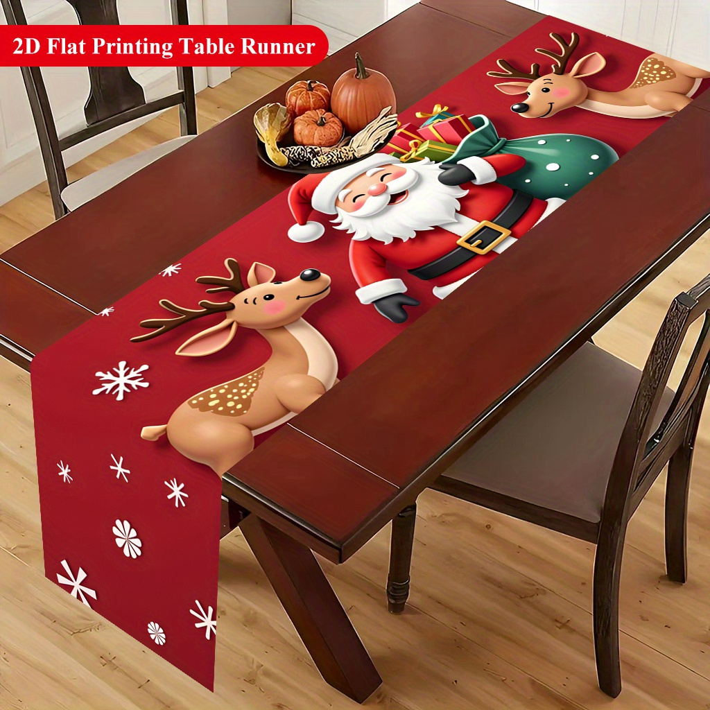 TEMU 1pc 1pcs Santa & Reindeer Christmas Table Runner Suitable For Dining Tables, Coffee Tables, Holiday Party Decorations - Vibrant Rectangular