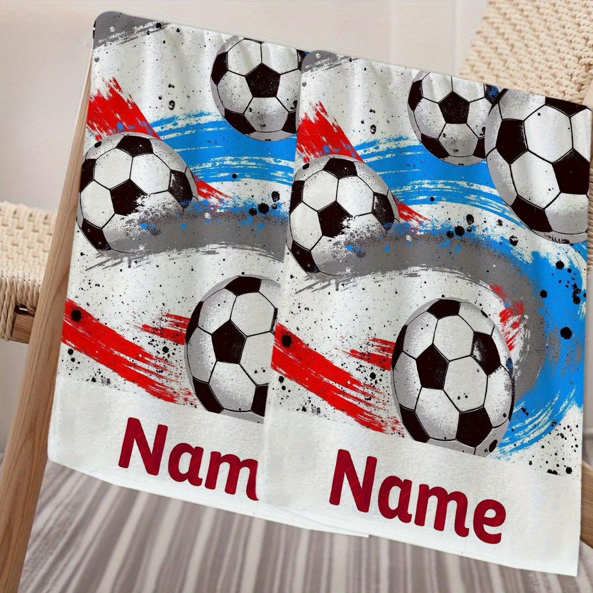 TEMU 1pc, Name Customization, Soccer Pattern Cartoon Anime Towel, Striped Design, Bathroom Towel, Absorbent And Quick-drying Towel, Nordic Minimalist