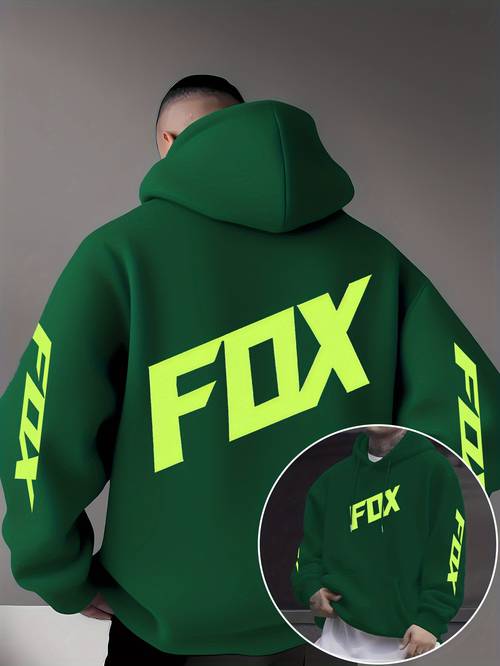 neon print hooded sweatshirt olive green pullover with kangaroo pocket adjustable hood 100 polyester casual sweater for casual attire ideal gift for fox