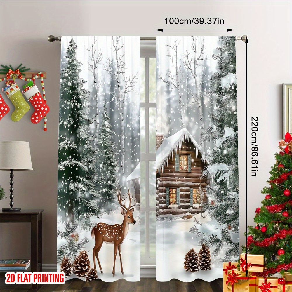 TEMU 2D Plat - Ensemble de rideaux de Noël 2D Plat avec un motif de forêt hivernale et de cerfs, fabriqués en polyester polyvalent, adaptés à la