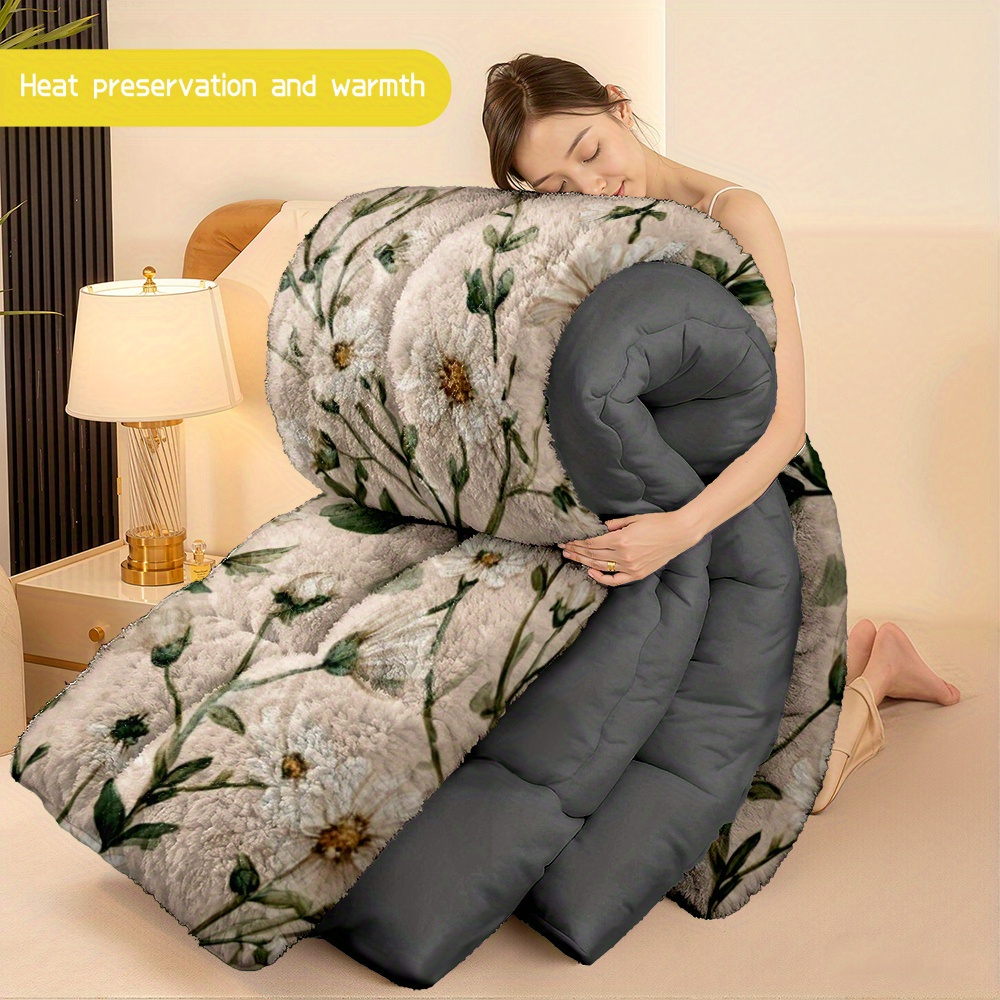 TEMU 3pcs (1 Comforter   2 Pillowcases) Daisy - Print Flannel & Milk Velvet Comforter Set, Soft Warm Bedding Set For Adults, Cozy Milk Velvet Quilt