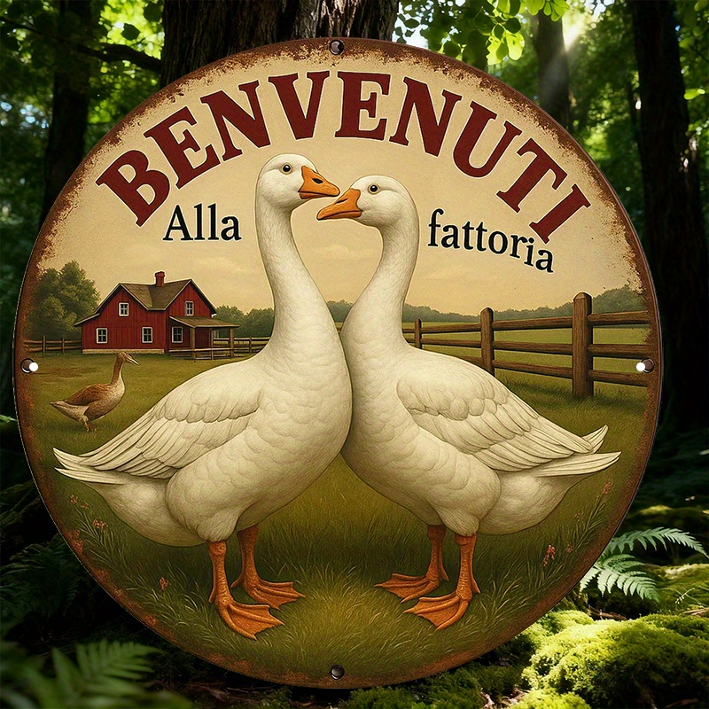 TEMU 1 pz, Targa italiana in alluminio 20,32*20,32 cm, placca decorativa vintage "Benvenuti alla fattoria, oca", a tema oca da fattoria