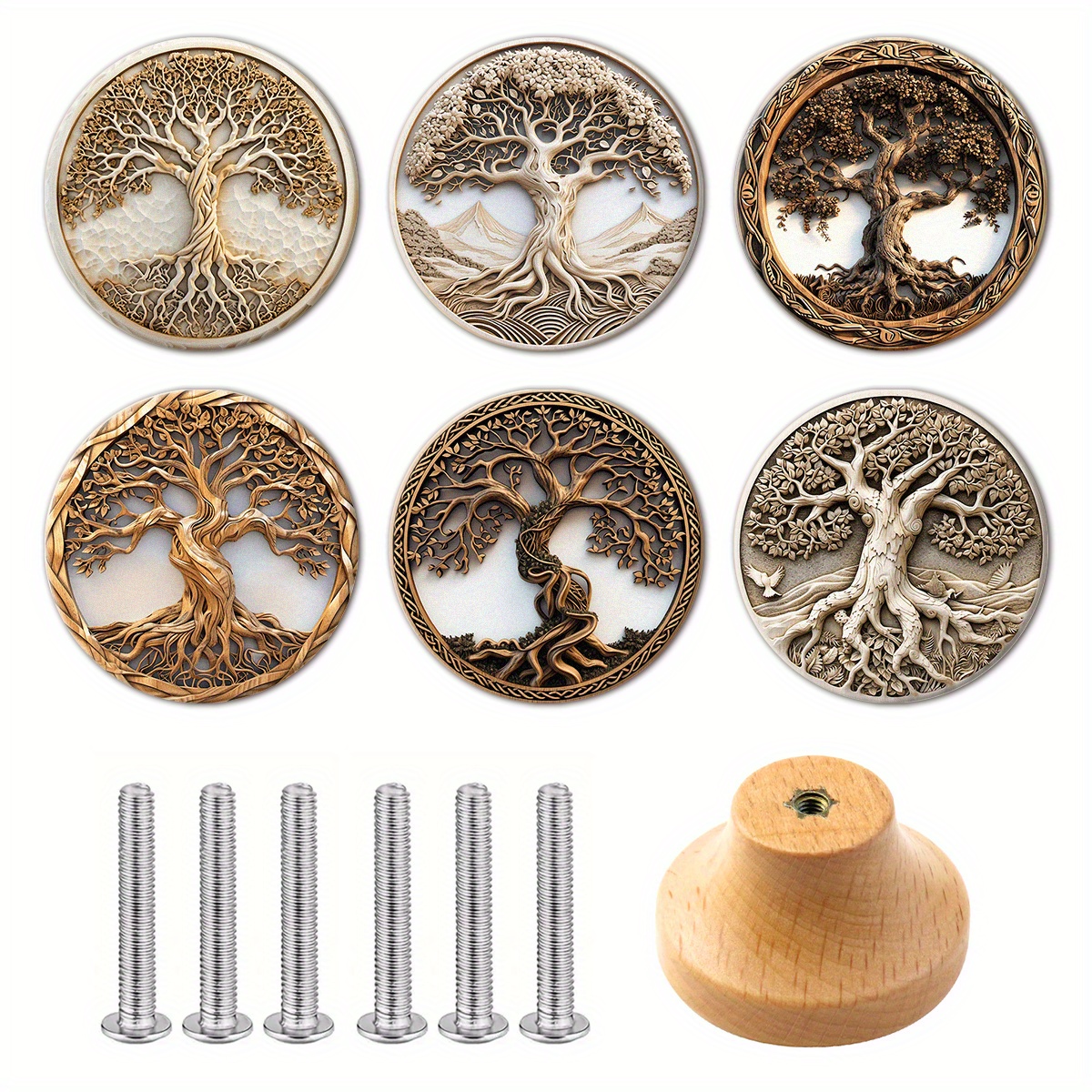 TEMU Set Of 6 Handcrafted Wooden Drawer And Cabinet Handles In Style, Featuring A Polished End With A Tree Of Life Motif, Perfect For Enhancing Home