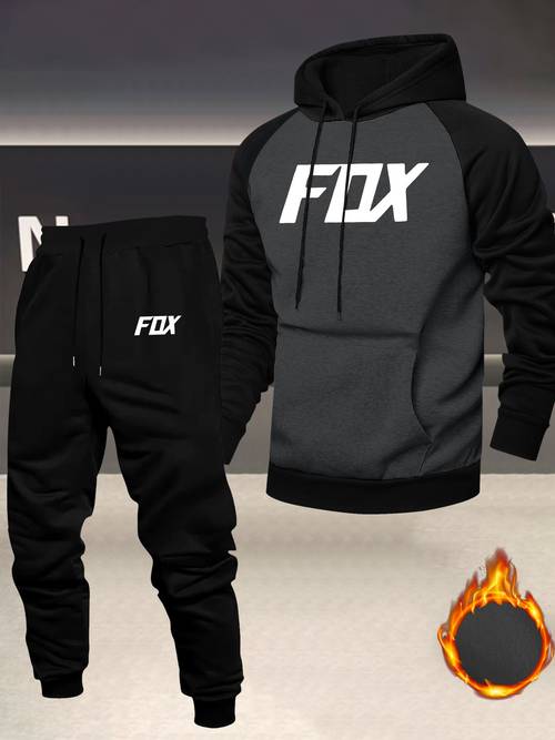 mens casual athletic off shoulder hoodie and sweatpants 2pcs set color trendy versatile fox letter pattern warm comfortable outfit