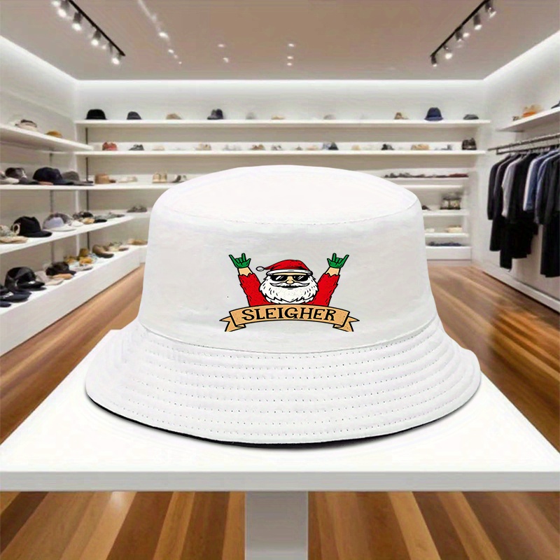 TEMU 1pc, "sleigher Santa" Bucket Hat, Lightweight Printed Craft Women's Hat, "christmas Party" Men's Bucket Hat, Ideal Gift For Parties, Birthdays