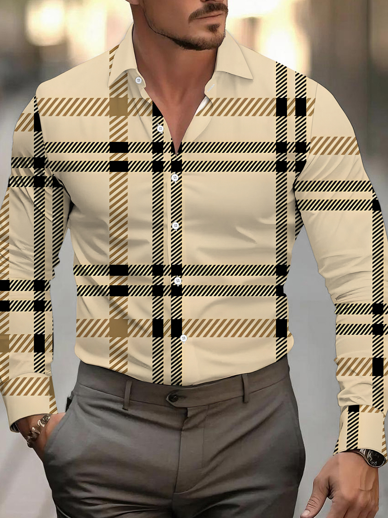 Camisa Masculina de Manga Comprida, Estampa Xadrez Clássica 4