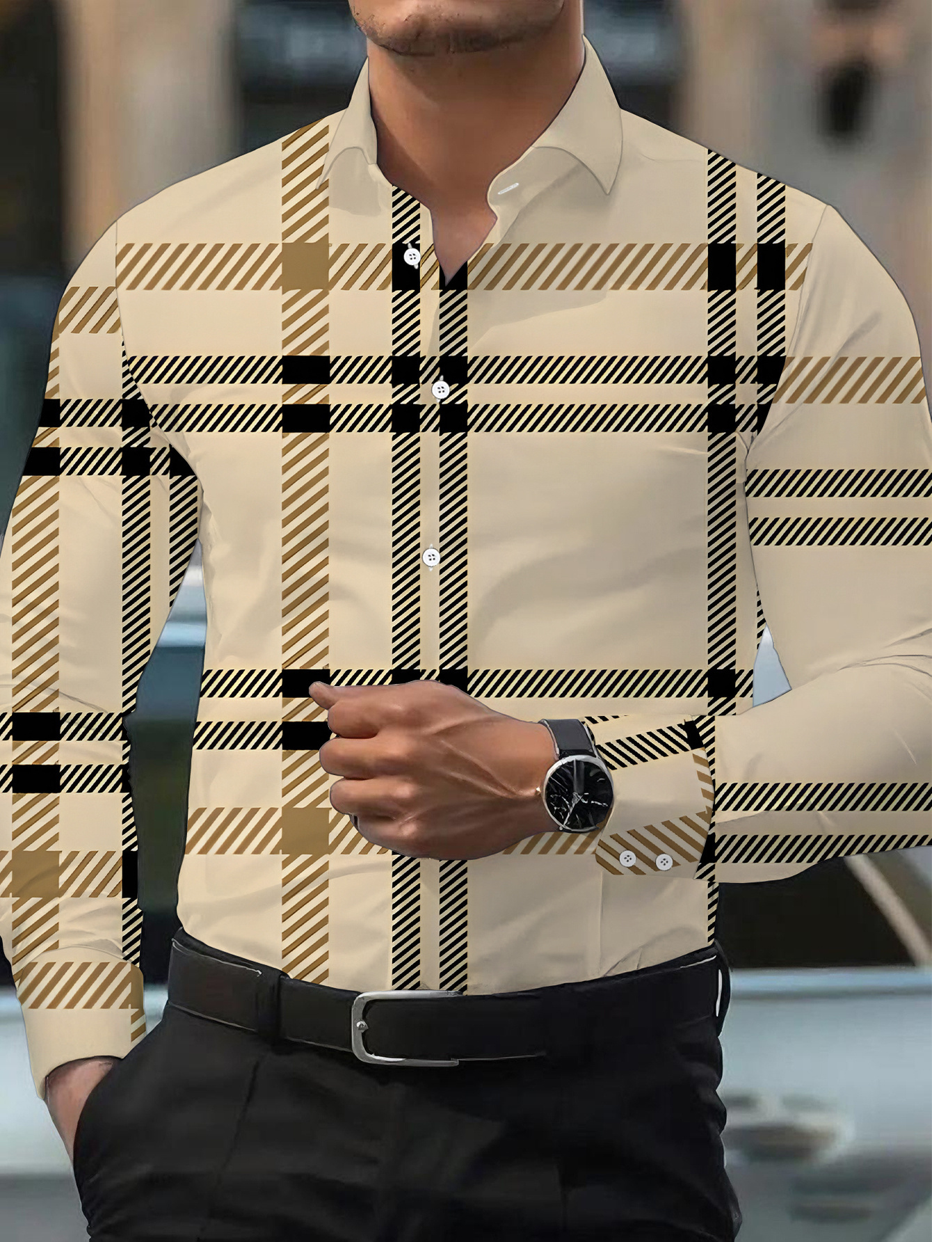 Camisa Masculina de Manga Comprida, Estampa Xadrez Clássica 6