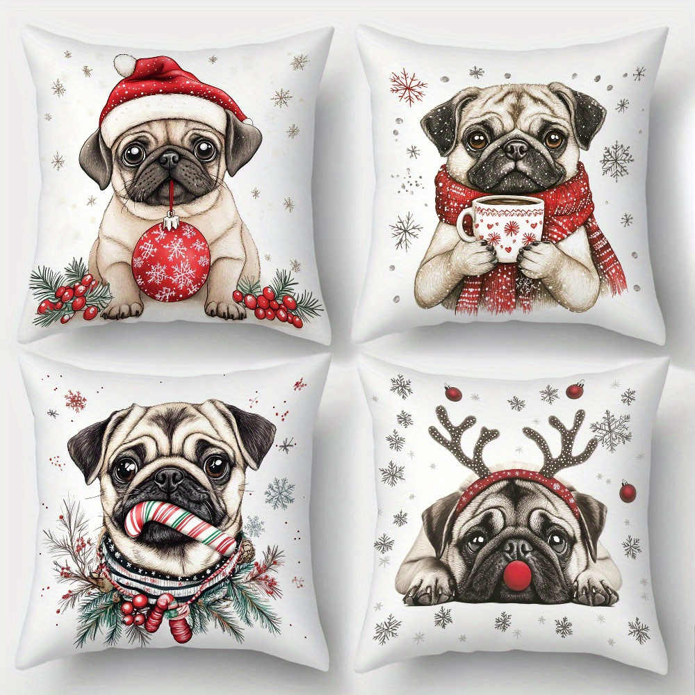 TEMU 4pcs Christmas Pillowcase Set, Featuring Cute Puppy, Adorable Animals, And Pug Dog Patterns, Includes Christmas Puppy, Santa Hat, And Snowflake