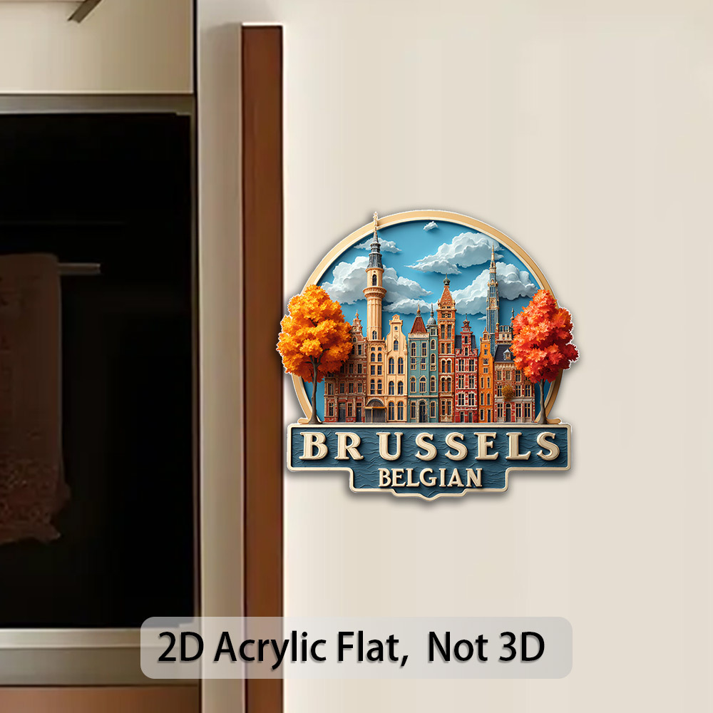 TEMU 1pc Belgium-themed Fridge - Brussels Landmarks & Belgian Flags Design, Magnetic Iconic Miniature Cityscape (brussels & ) - Acrylic Refrigerator