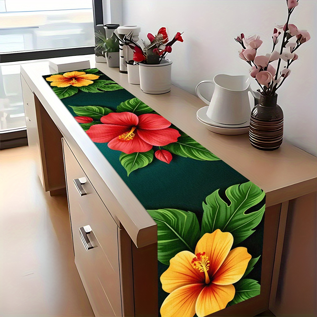 TEMU 1pc Of 2d Printed Table Flag Featuring And Yellow Hibiscus Flowers With Green Leaves, Polyester Fabric. This Rectangular Festive Tablecloth Is