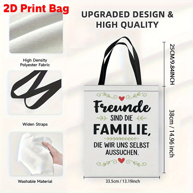 TEMU 1 Stück 2D-Druck Weihnachtstasche Freundschafts-Tragetasche mit deutschem Slogan herzförmigen Verzierungen. Große Kapazität Schultertasche für